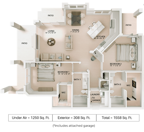 Floor plan for 2 beds, 2 baths, 1250 sqft